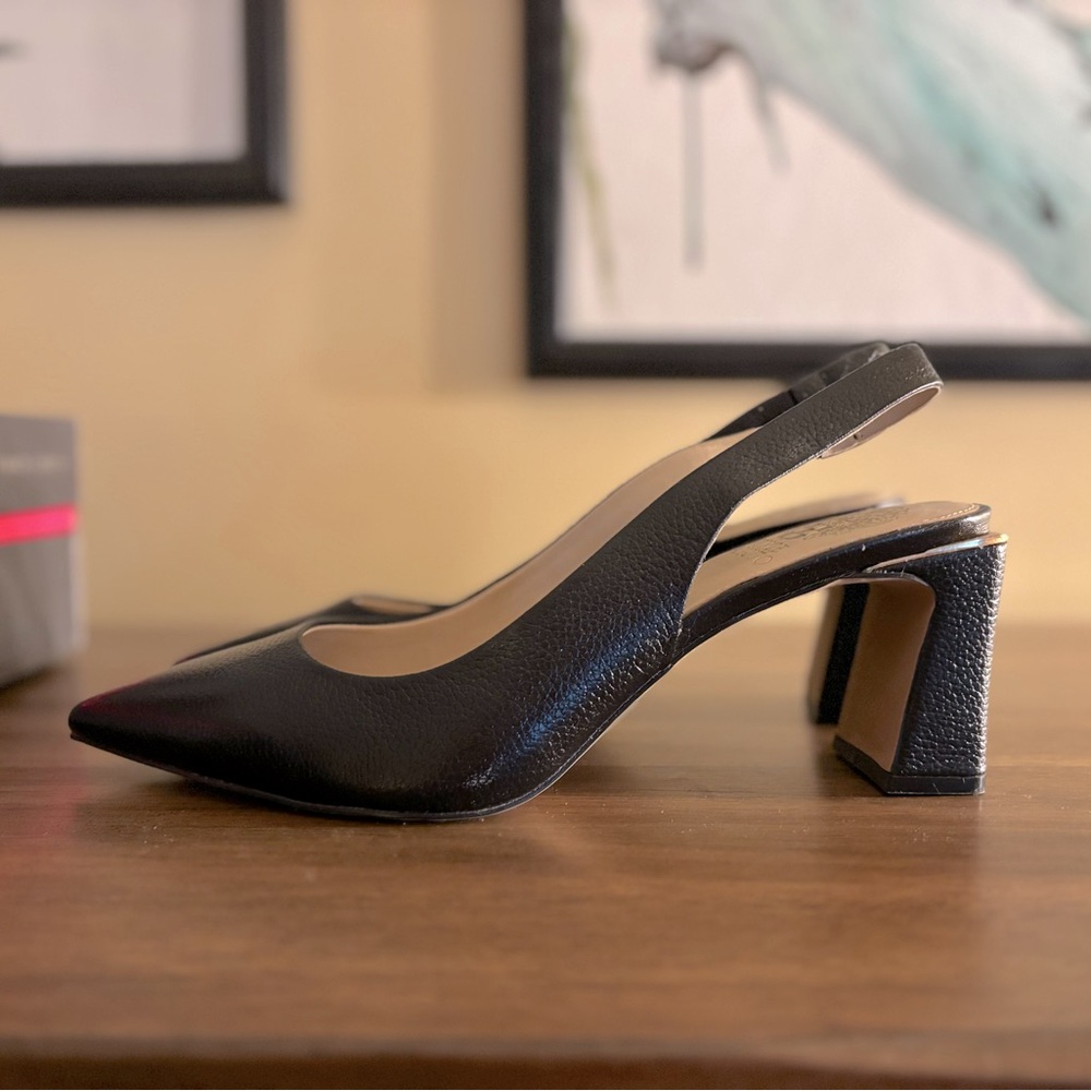 Brand new in box, black leather sling back Vince Camuto 3” Hamden heels.